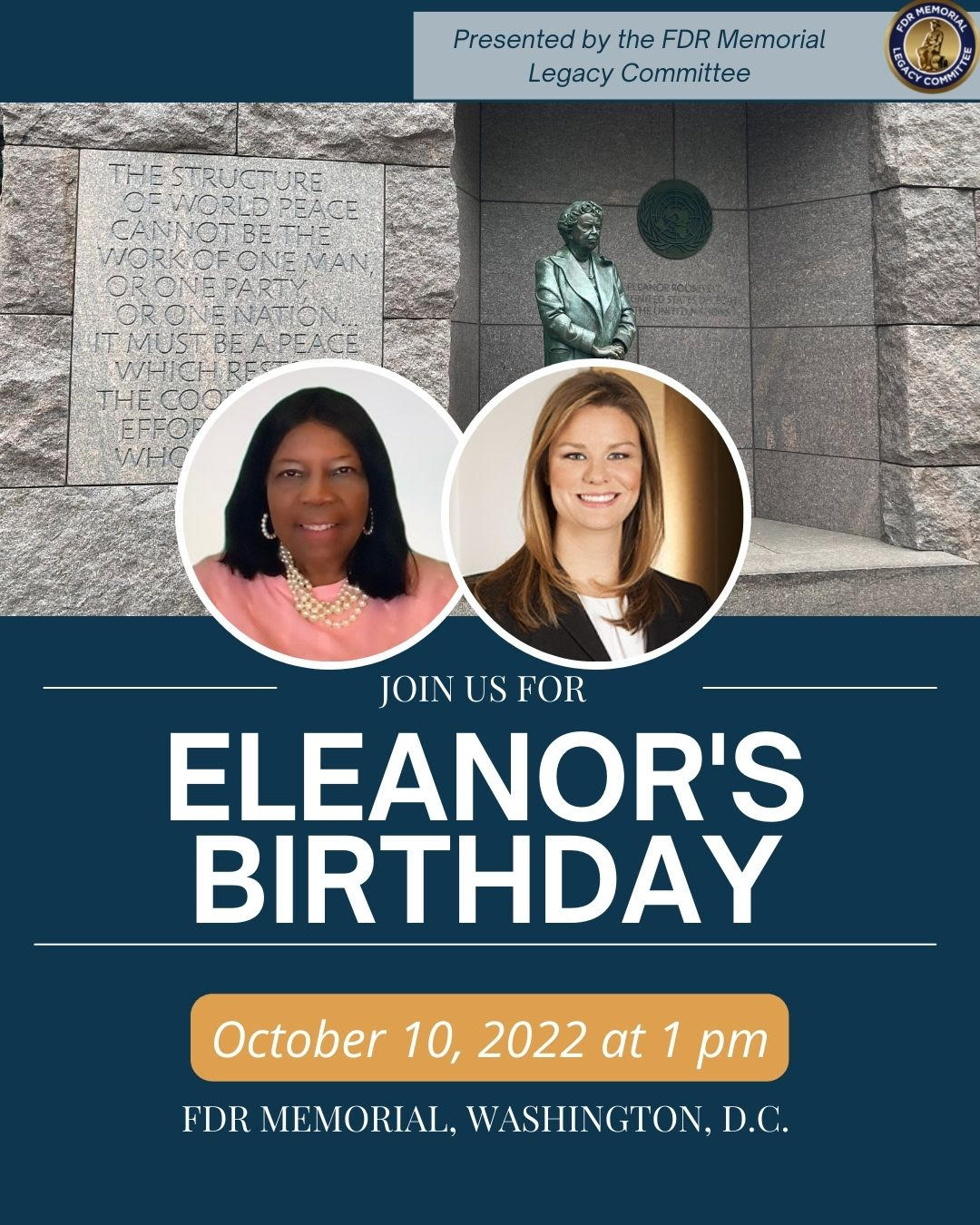 Graphic with photos of Arelene King Berry and Tracy Roosevelt announcing Eleanor's Bday celebration on Oct 10th at FDR Memorial
